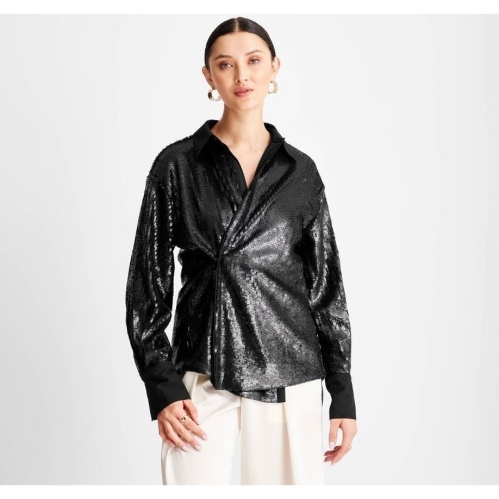 Future Collective Women's Long Sleeve Sequin Button-Down Shirt Black Size Small